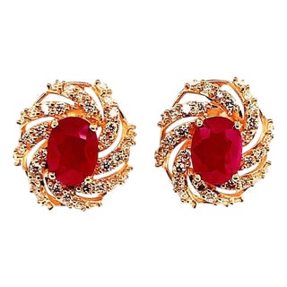 Diamond Ruby Earrings 14 Karat Yellow Gold 3.64 TCW Certified For Sale