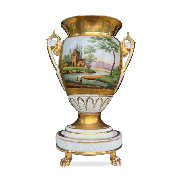 Neoclassical Empire-Style Gilt Porcelain Landscape Vases With Paw Feet — Set of Two For Sale - Image 3 of 6