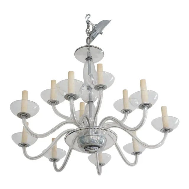 1940s Czechoslovakian Glass Chandelier 12 Arm Transparent Grey and Silver For Sale - Image 13 of 13