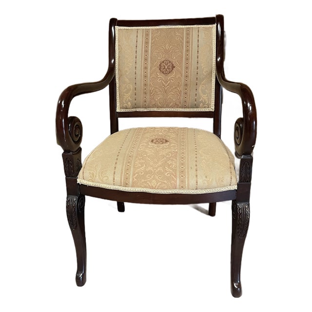 Late 20th Century Empire Revival Faiteuil Carved Mahogany & Brocade Armchair For Sale