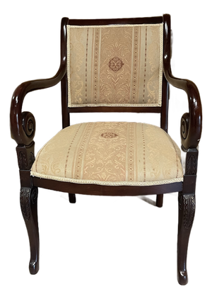 Late 20th Century Empire Revival Faiteuil Carved Mahogany & Brocade Armchair