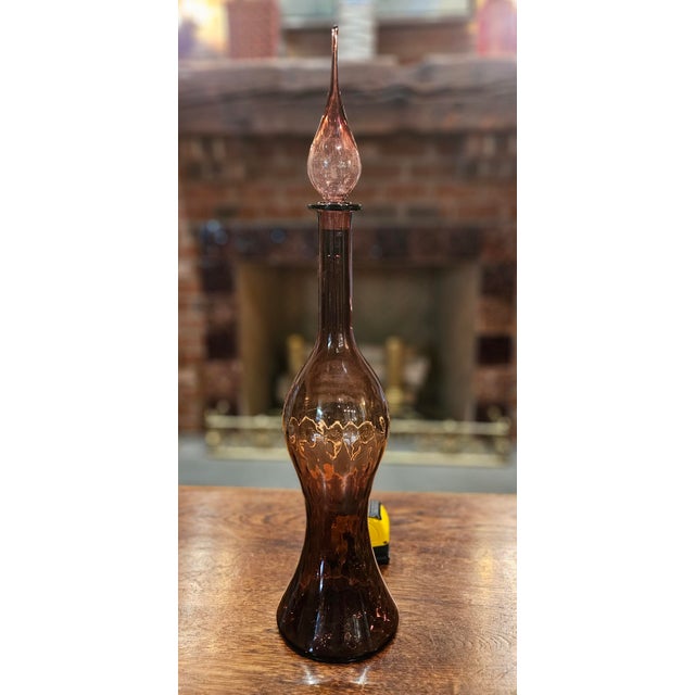 1960s Vintage MCM Amethyst Glass Genie Bottle Decanter Italian Empoli Style With Flame Stopper For Sale - Image 5 of 12