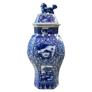 Antique Chinese Qing Dynasty Blue & White Large Porcelain Ginger Jar With Foo Dog Lid