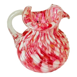 Vintage Mid Century Fenton Hand Blown Pink & White Swirl Art Glass Pitcher For Sale