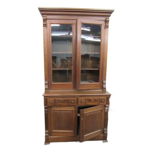 Antique Victorian Walnut Step-Back China Cabinet With Glass Doors, 19th Century Style For Sale