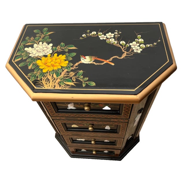 Wood Vintage Chinese Chest of Drawers Dresser Chinoiserie Mother of Pearl Applique For Sale - Image 7 of 11