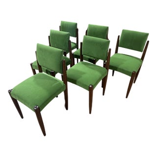 Set of 6 Italian Mid-Century Modern Dining Chairs in Walnut and Green Upholstery, C. 1960s For Sale