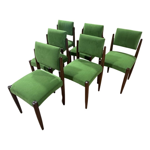 Set of 6 Italian Mid-Century Modern Dining Chairs in Walnut and Green Upholstery, C. 1960s For Sale