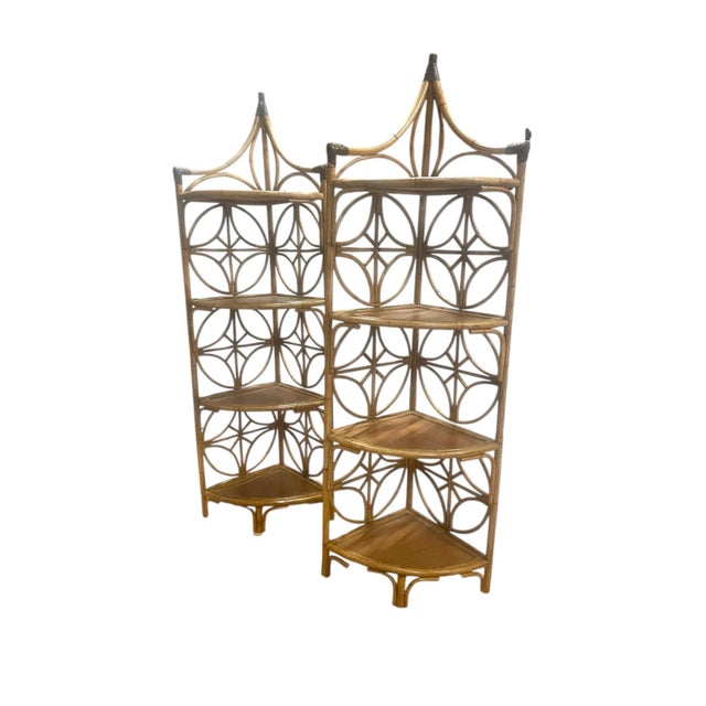 Wood Pair Vintage Artistic MCM Natural Rattan Bamboo Corner Etageres Shelves For Sale - Image 7 of 12
