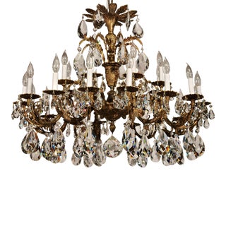 Exquisite Vintage French 8 Arm 24 Lite Ornate Brass Cut Lead Crystal Chandelier For Sale