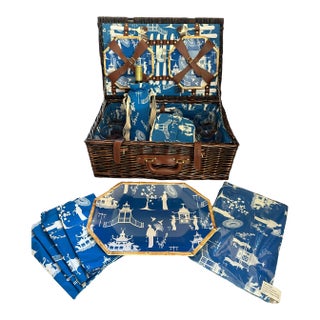 Kim Seybert Cobalt and White Chinoiserie Picnic Basket - 30 Pieces For Sale