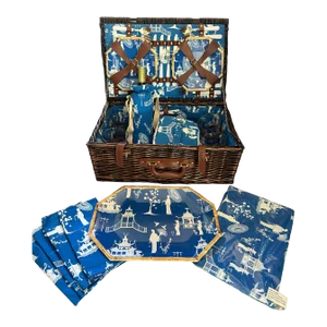 Kim Seybert Cobalt and White Chinoiserie Picnic Basket - 30 Pieces