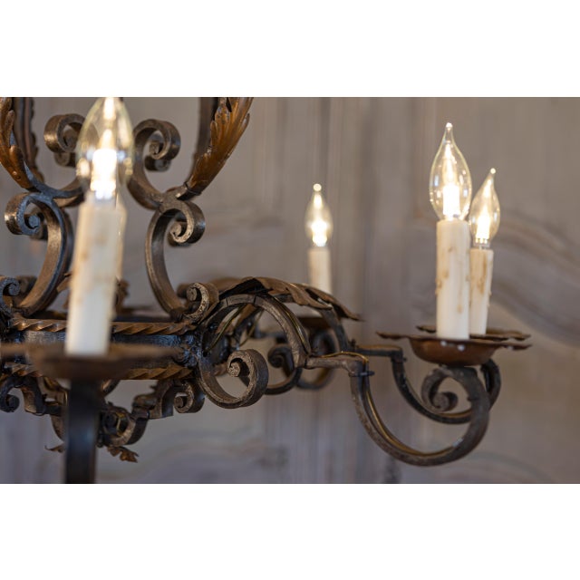 French Wrought Iron Eight-Light Chandelier with Scrolling