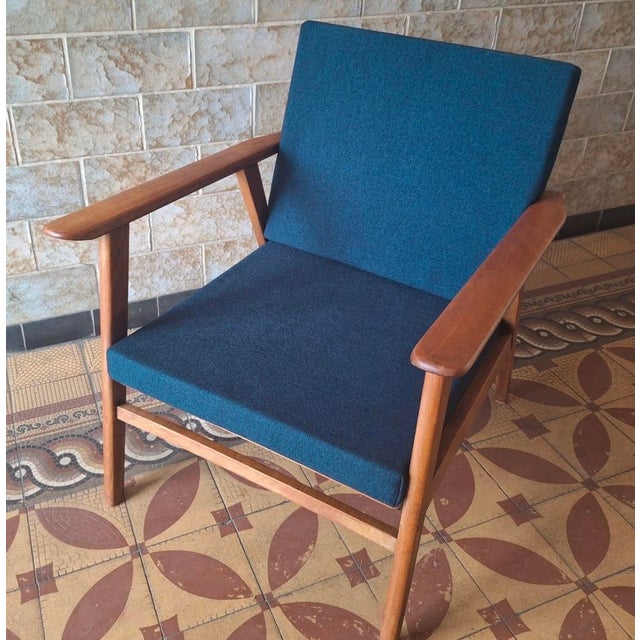 Danish Teak Lounge Chair with Sea Blue-Green Fabric, 1960s For Sale - Image 4 of 11
