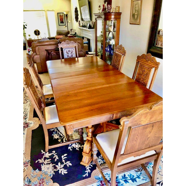 Victorian Antique Charles Eastlake Victorian 19th Century Walnut Burl Dining Table With 6 Leather Padded Chairs - Set of 7 For Sale - Image 3 of 12