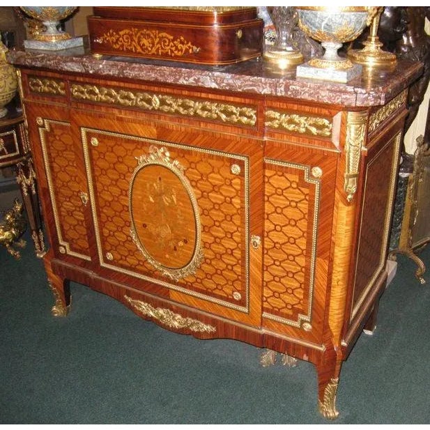 Louis XVI Style Marquetry Ormolu-Mounted Tall Marble-Top Commode For Sale - Image 4 of 11
