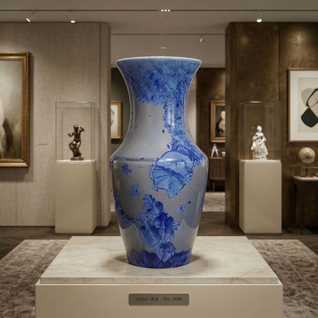 Masterwork Macro-Crystalline Cobalt Porcelain Vessel - Studio Signed #1846 For Sale - Image 10 of 14