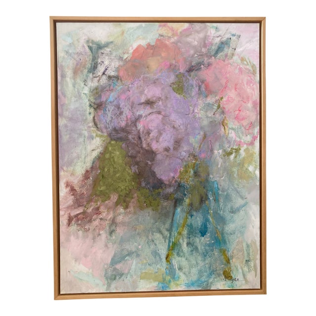“Hydrangea With Glass Vase” Abstract Floral Original Oil on Canvas, Framed For Sale