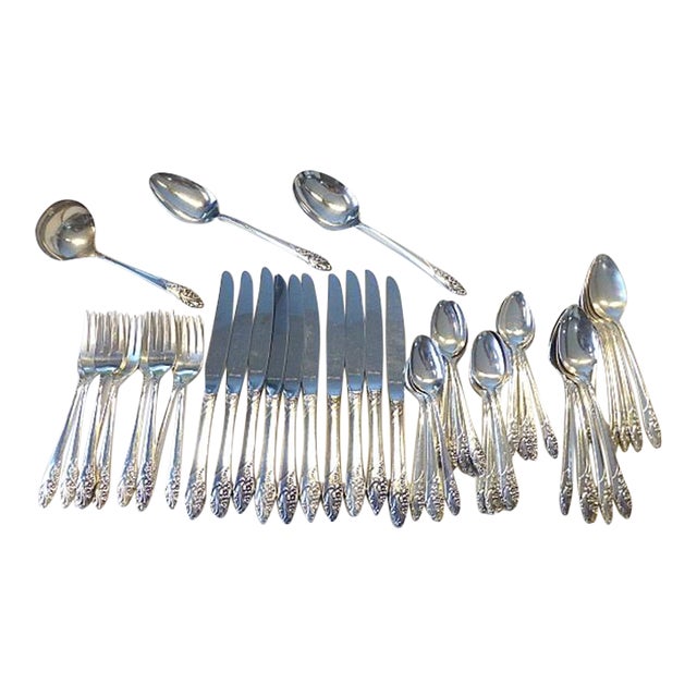 1950 Mid Century Modern Oneida Community Evening Star Silverplate Flatware Lunch for 10+ - 54 Piece For Sale