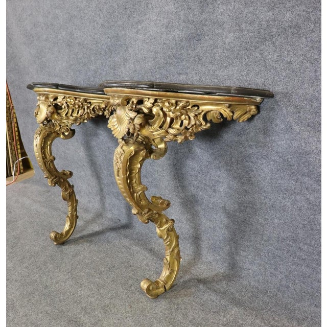 Gold Pair of 18th Century French Rococo Louis XV Carved Gilt Wood Marble Top Consoles For Sale - Image 8 of 9