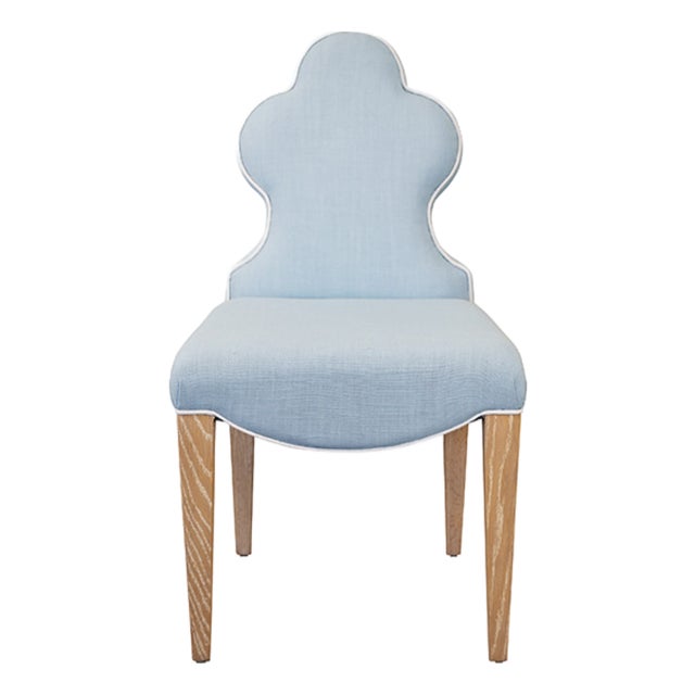 Matthew Izzo Home Adelaide Light Blue Performance Linen Clover Back Dining Chair With White Welting and Cerused Oak Legs For Sale