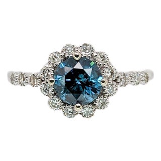 Vintage Style Blue Diamond Ring With Natural Diamond Accents: Solid 14k Gold, Size 6.75 For Sale