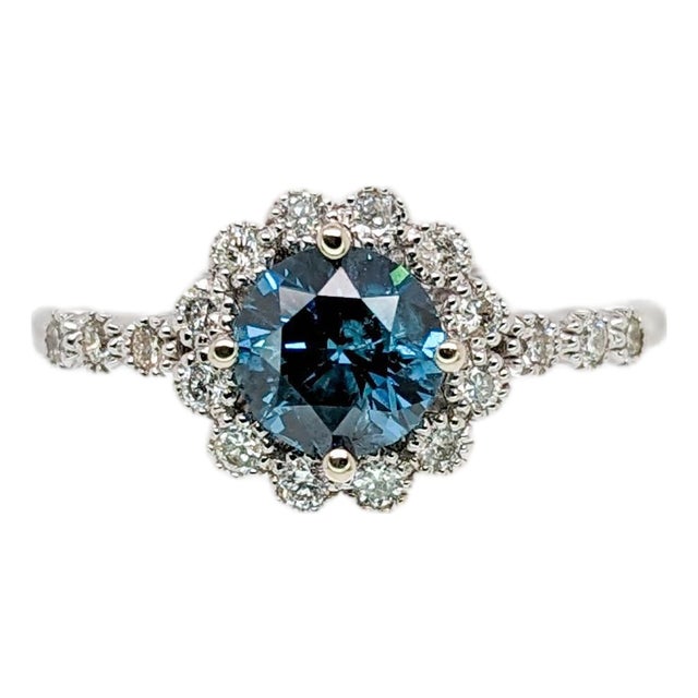 Vintage Style Blue Diamond Ring With Natural Diamond Accents: Solid 14k Gold, Size 6.75 For Sale