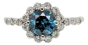 Vintage Style Blue Diamond Ring With Natural Diamond Accents: Solid 14k Gold, Size 6.75