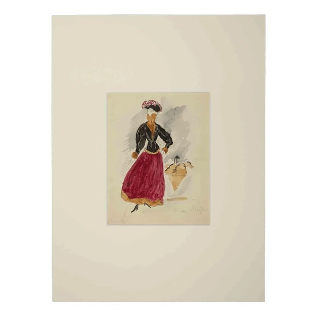 Maurice Van Moppes, Girl, Original Watercolor, Mid, 20th-Century For Sale