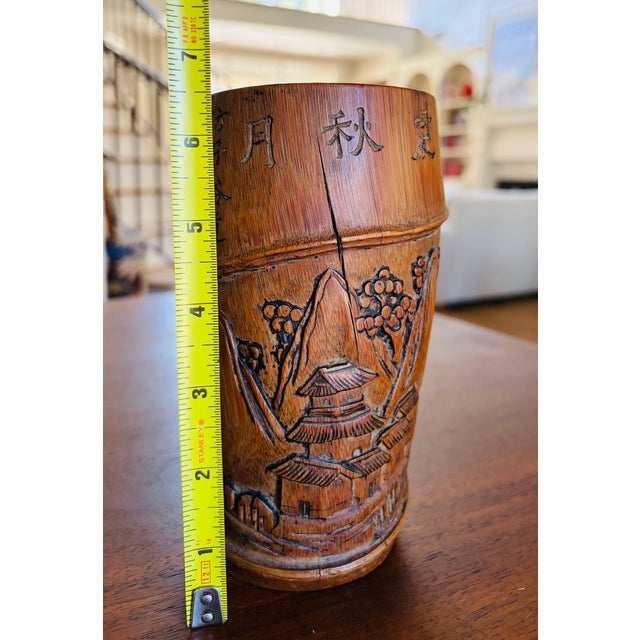 Wood Antique Chinese Carved Bamboo Brush Pot Bitong Qing Dynasty Scholar Landscape 6.5" For Sale - Image 7 of 14