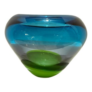 Waterford Evolution Blue & Lime Green Cased Art Glass Sculptural Bowl – Modern Centerpiece For Sale