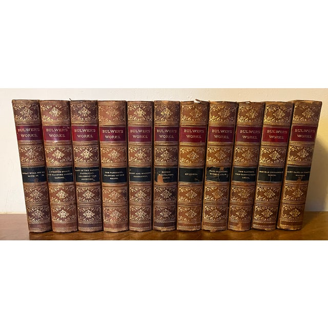 Set of 11 antique 19th century fine leather bindings - novels by Sir Edward Bulwer Lytton. Brown leather spines with red...