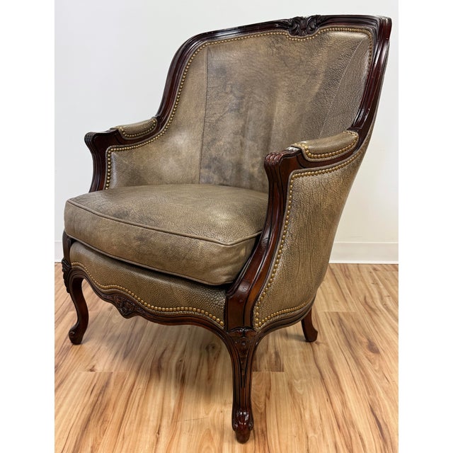 French Provincial Vintage Hancock & Moore Gray Leather Bergere Chair For Sale - Image 3 of 13