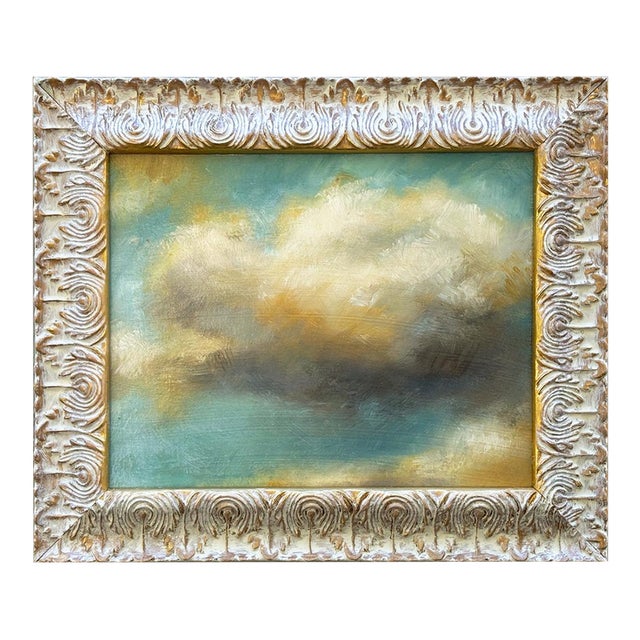 Contemporary Plein Air Cloud Oil Painting in Whitewashed Gold Frame For Sale