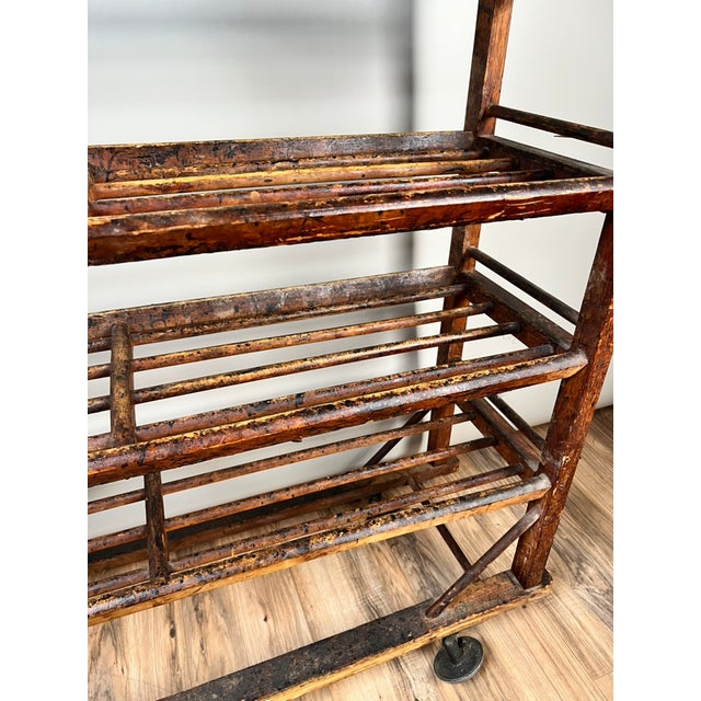 Brown Antique Oak Shoe Factory Rolling Rack on Original Industrial Casters C. Late 19th Century For Sale - Image 8 of 15