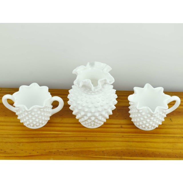 Mid-Century Modern Early 20th Century Mid Century Modern Fenton White Milk Glass Hobnail Ruffled Bud Vase Star-Rimmed Sugar Bowl & Creamer - 3 Pieces Set For Sale - Image 3 of 6