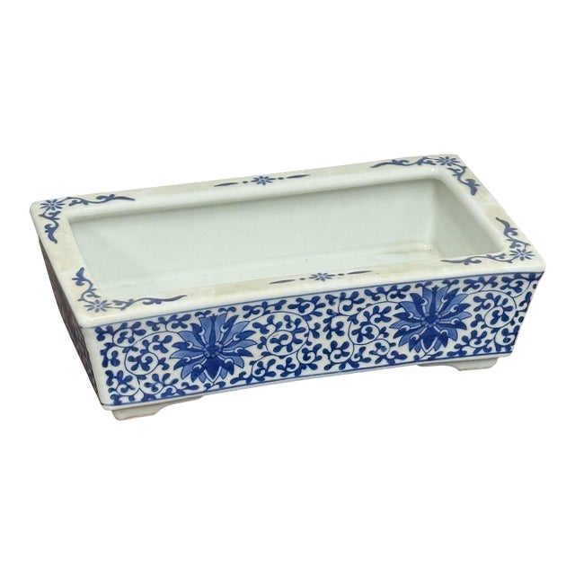 Blue + White Floral Ceramic Rectangular Planter, Vintage For Sale