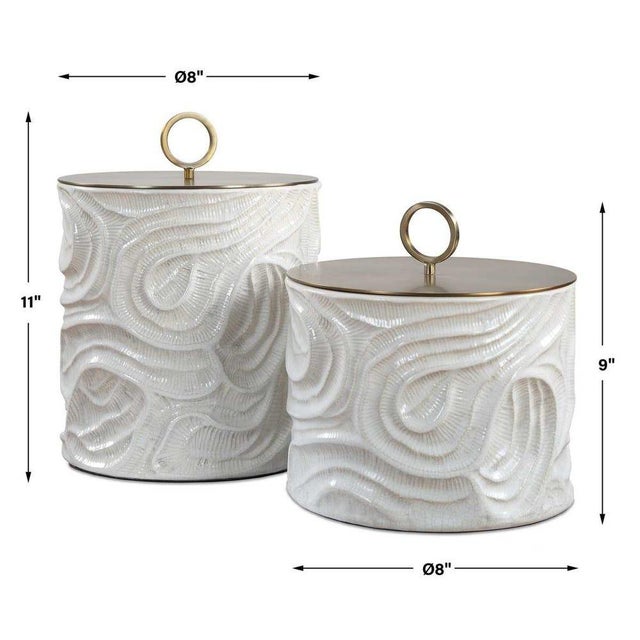 Contemporary White Ceramic Fossil Brass Lid Canister Set of Two For Sale - Image 3 of 4