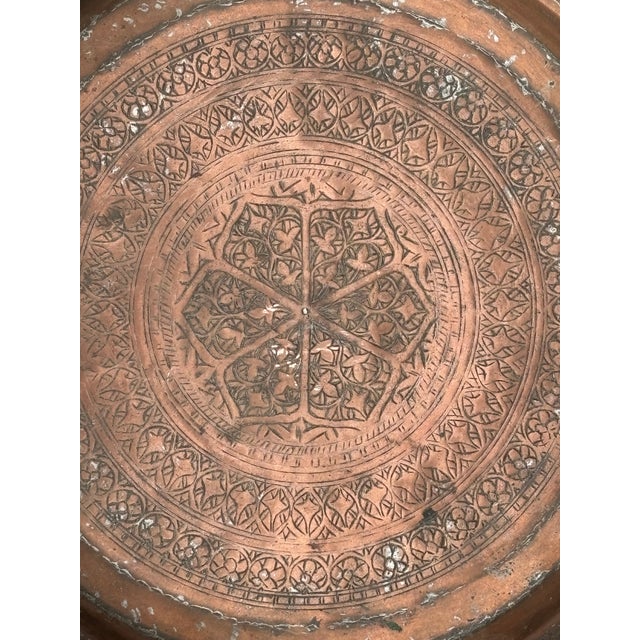Moroccan 19th C. Hammered Copper Centerpiece Platter - Artisan + Highly Detailed For Sale - Image 3 of 11