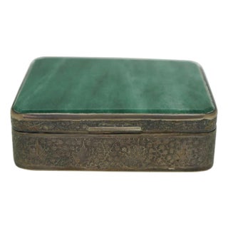 Antique Continental Silver Plate Green Jade Keepsake Trinket Snuff Box 4" For Sale