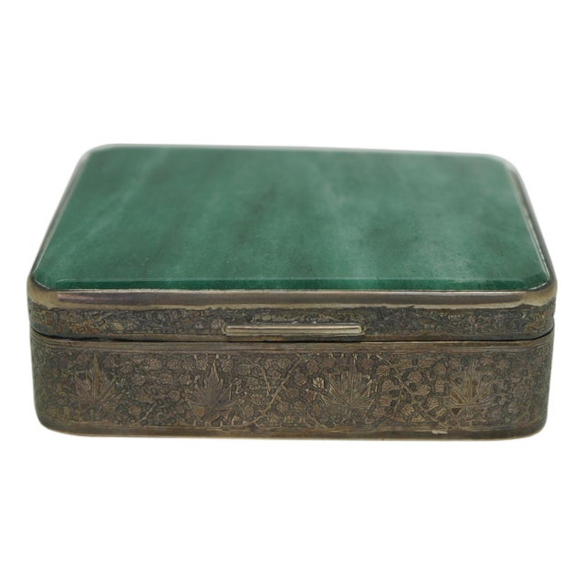 Antique Continental Silver Plate Green Jade Keepsake Trinket Snuff Box 4" For Sale