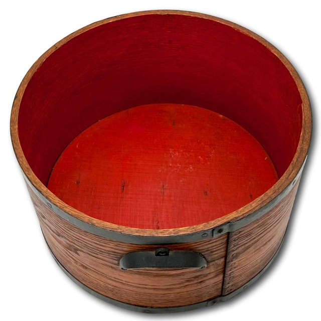 Outstanding Large Antique American Steam Bent Oak & Cast Iron Handle Grain Measure in Original Red Paint & Varnish For Sale In Boston - Image 6 of 12