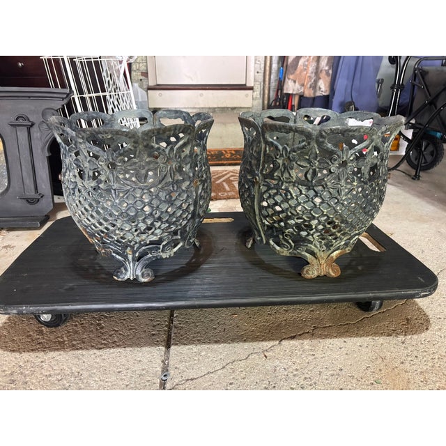Early 20th Century Matching Pair of Antique Victorian Cast Iron Reticulated/Lacework Planters For Sale - Image 5 of 18