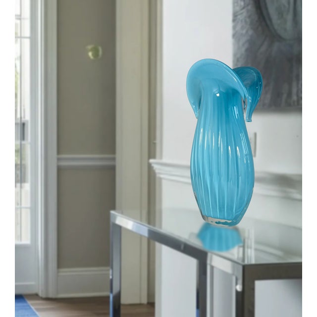 Art Glass Aqua Blue Vase Crescent Clam Lip Fluted Vase For Sale In New York - Image 6 of 17