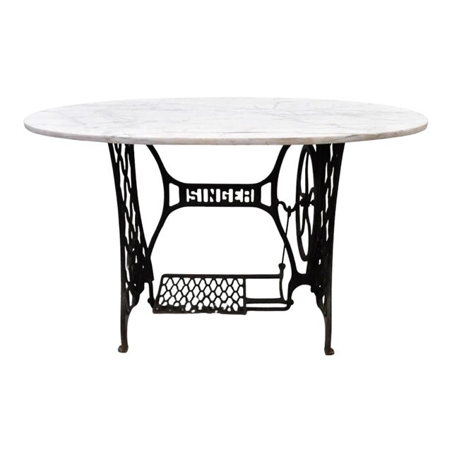 Early 20th Century Cast Iron Singer Treadle Sewing Machine Base Console Table Oval Marble Top For Sale