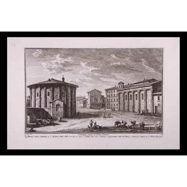 Anticaglie Preso Il Ponte Palatino is an original black and white etching of the Late 18th century realized by Giuseppe...