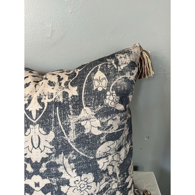 Contemporary Blue and Off-White Decorative Tasseled Throw Pillow With Distressed Damask Pattern For Sale - Image 3 of 10