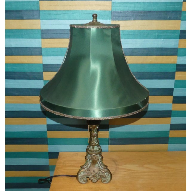 Vintage Table Lamp in Brass and Dark Green Satin Shade, 1920s For Sale - Image 9 of 13