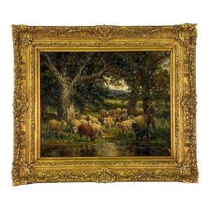 Late 19th Century Oil Painting of Sheep & Shepherd - By James Desvarreux