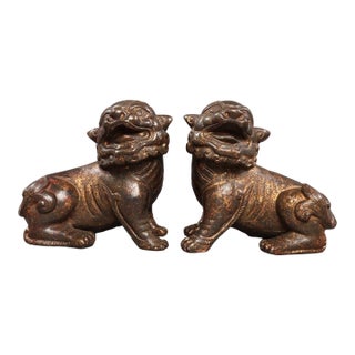 Pair of Antique Gilt Bronze Pixiu Statues, Mythical Beast Figures, 1.37kg For Sale